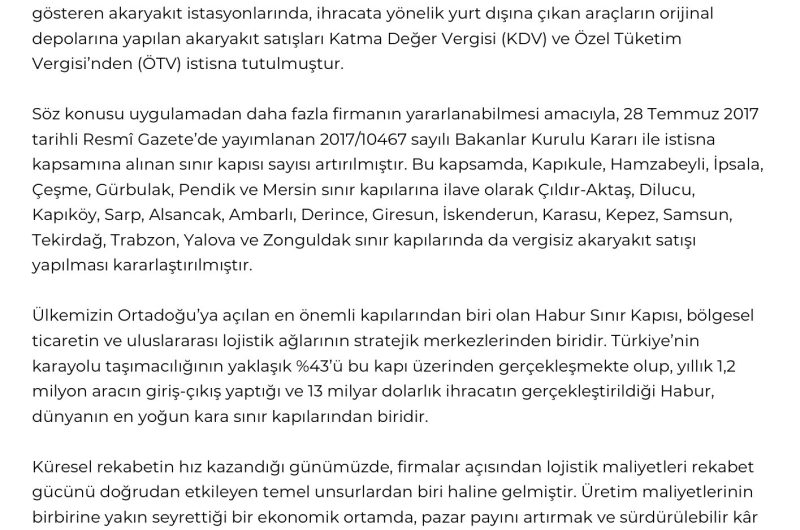 HABUR GÜMRÜK KAPISINDA GÜMRÜKSÜZ AKARYAKIT İSTASYONU AÇILMASI TALEBİ